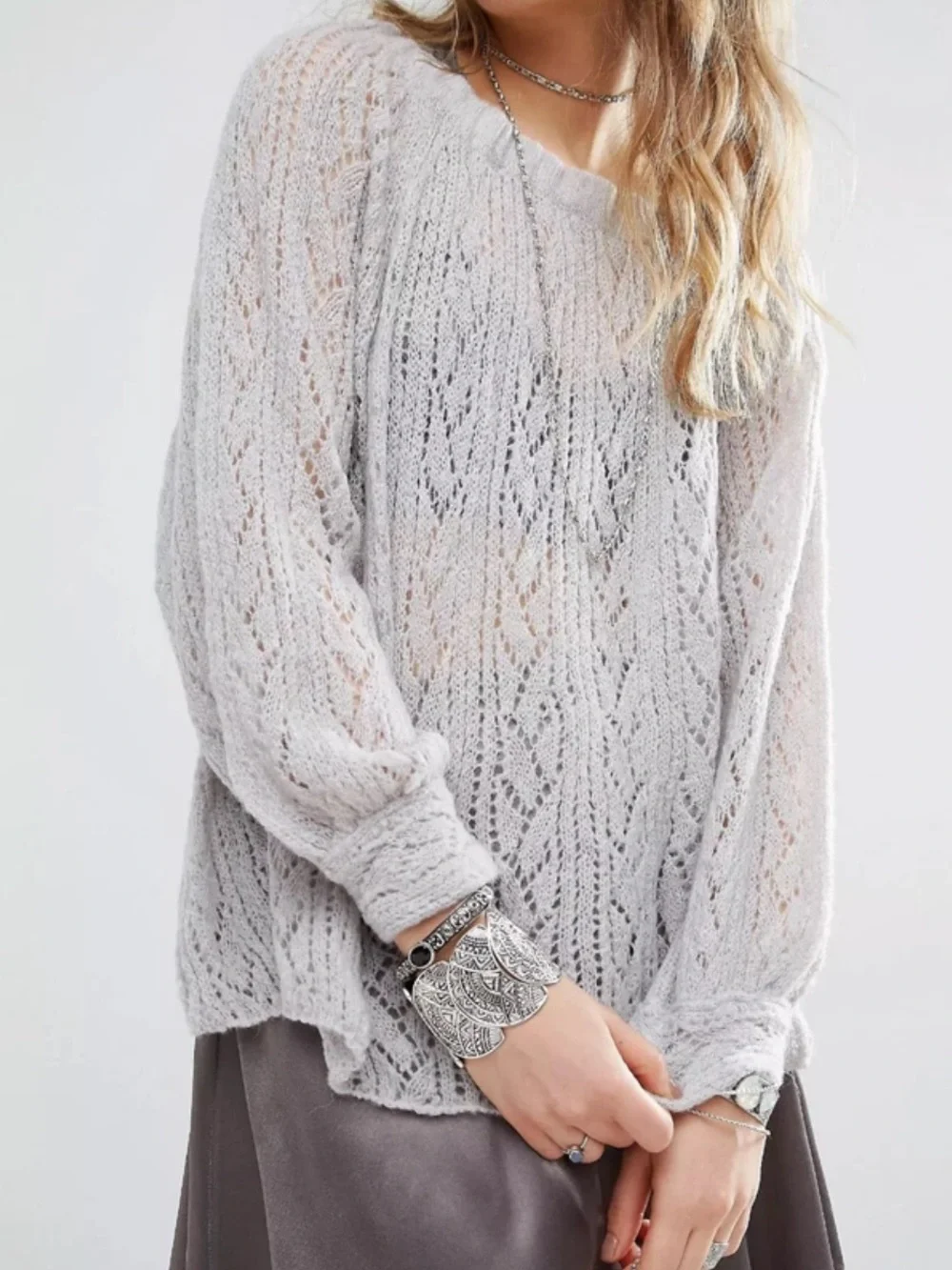 Free People Lights Will Shine Light Gray Open Knit Crewneck Sweater